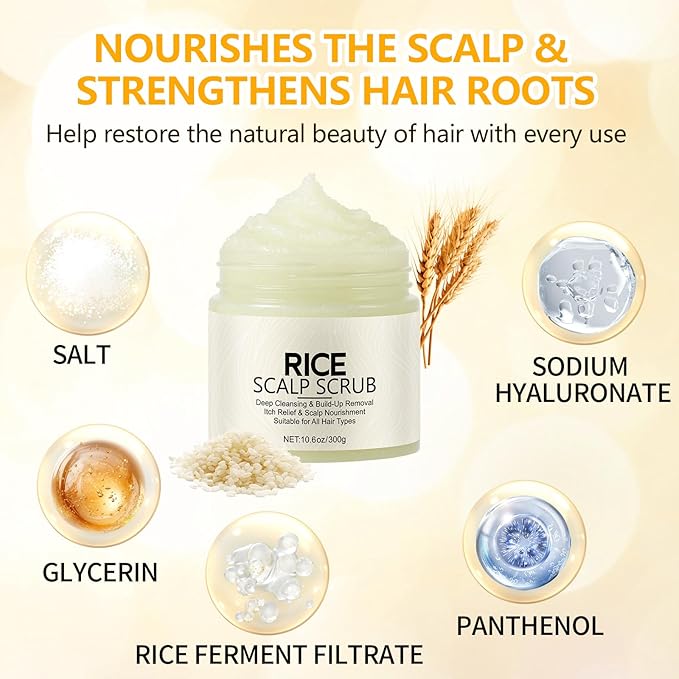 Scalp Scrub with Rice Extract & Hyaluronic Acid, 2-in-1 Exfoliating Shampoo for Hair Treatment, Includes Silicone Scalp Massager, Removes Buildup & Dandruff, 10.6oz