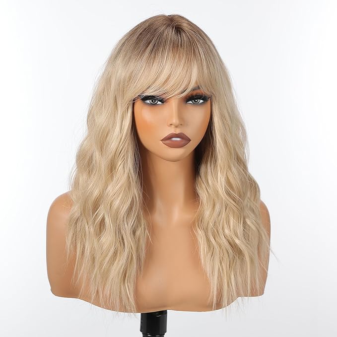 Curly Bob Wig with Bangs Short Wavy Ombre Blonde Wigs for Women Bob Style Synthetic Heat Resistant Bob Wigs 14IN