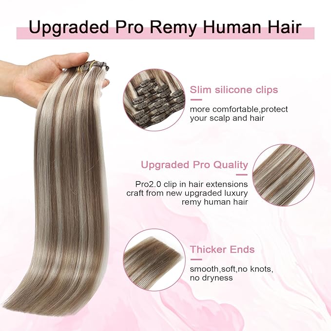 Pro2.0 Clip in Hair Extensions Real Human Hair 22inch 7pcs #8p60 Brown Highlights Platinum Blonde Real Hair Extensions Clip in Human Hair 120g Double Weft（#8p60-22inch）