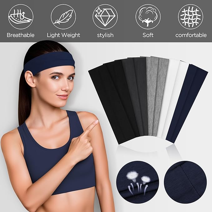10 PCS Headbands for Women - Fashion Non Slip Cotton Headbands for Women and Men Perfect for Sports and Outdoor Activities in Summer,Including Running, Yoga, Cycling, Gym Workouts