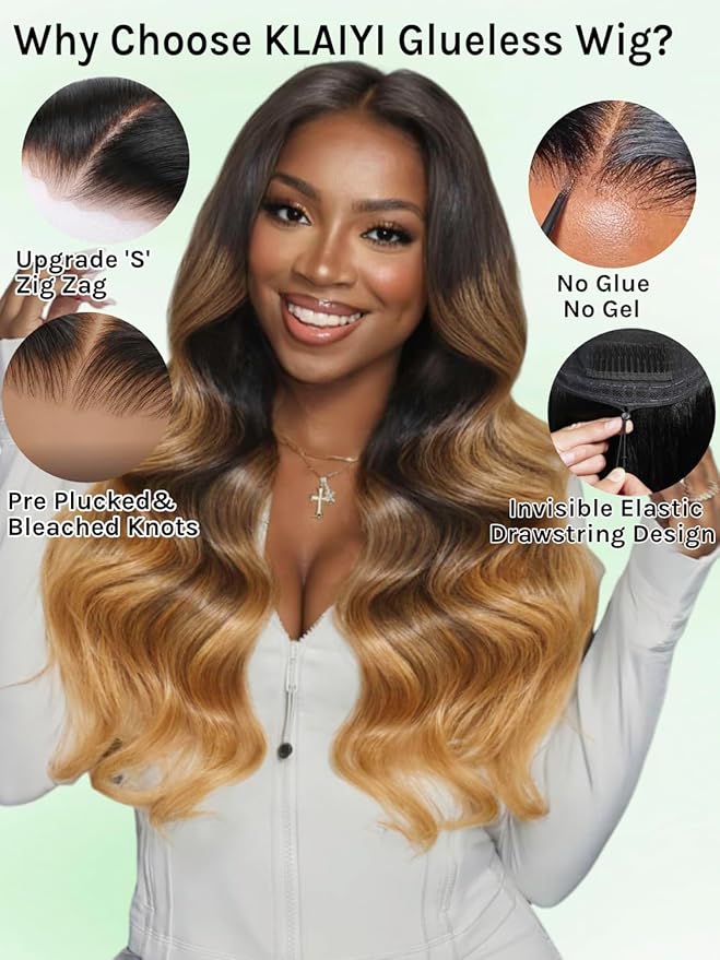 KLAIYI Ombre Highlight Blonde Loose Wave Pre Everything Glueless 13x4 Lace Front Wigs Human Hair Drawstring Balayage Brown Pre Cut Pre Plucked Bleached Ready to Wear and Go Wig with Dark Roots 26Inch