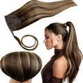 RUNATURE Human Hair Ponytail, Balayage Ponytail Extension Human Hair, Straight Real Hair Ponytail Extension, Tangle Free No Shedding, 16 Inch 80g #4/27/4 Medium Brown to Honey Blonde Highlights