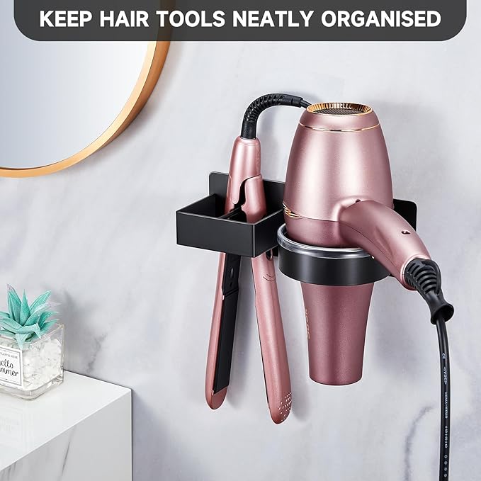 Hair Dryer Holder Blow Dryer Holder Wall Mounted, Adhesive Hair Straightener Holder, Hair Tool Organizer for Curling Iron Holder, Metal Hairdryer Holder Storage Organizer for Bathroom Vanity,Black