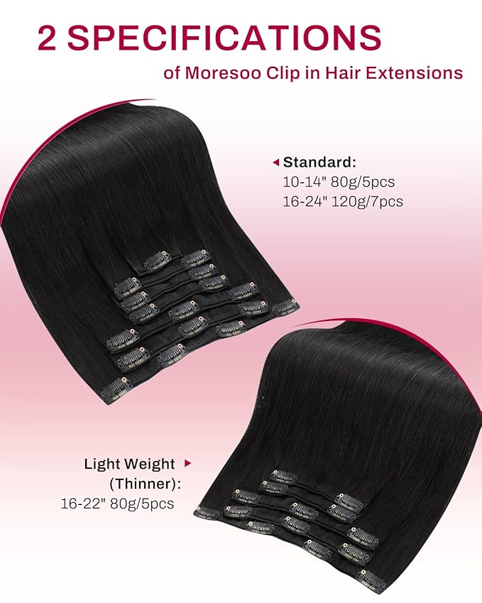 Moresoo Clip in Hair Extensions Real Human Hair Natural Black 5pcs 80g Remy Straight Invisible Lace Double Weft Human Hair Extensions Natural Black Human Hair Clip in Extensions #1b 22inch