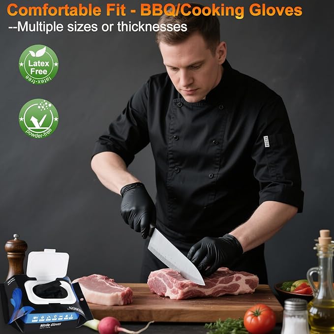 50 Disposable Black Nitrile Gloves, Heat Resistant Gloves for Cooking/BBQ/Cleaning, Powder Latex Frees Meat Food Prep Grilling Smoking Guantes - Large