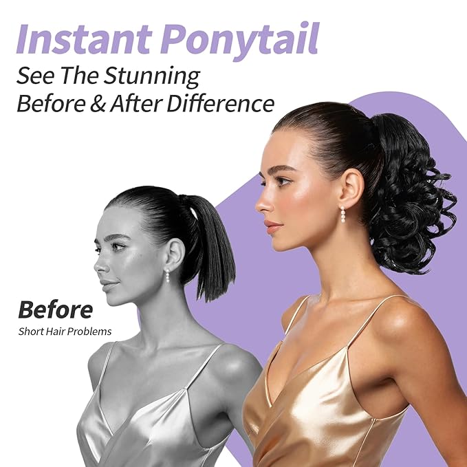 Black Ponytail Extension,9" Short Curly Wavy Claw Clip Pony tails Hair Extensions Natural Soft Synthetic Hairpiece for Women - Black Brown
