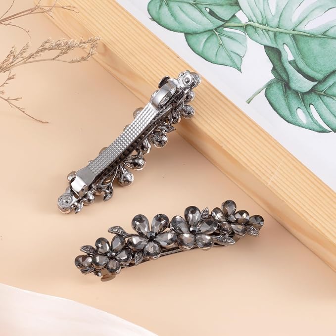 Joez Wonderful Rhinestone Hair Clip Sparkly Crystal Barrettes French Wedding Prom Engagement Pageant First Communion Hair Decorative Accessories for Women Bride Thick Long Hair (Flower Grey, 1 Pcs)