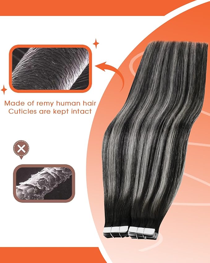 Sunny Hair Tape in Hair Extensions Real Human Hair Invisible Remy Hair Extensions Tape ins for Women Ombre Natural Black Root to Sliver Grey 24 inch 25G