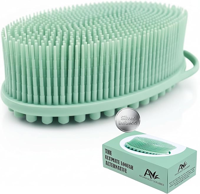Silver Infused Silicone Body Scrubber Shower - Gentle Back Scrubber Soft Bristles - Avilana Premium Dual Sided Bath Brush Massage - Advanced Material Loofah Alternative - Gift Women Men