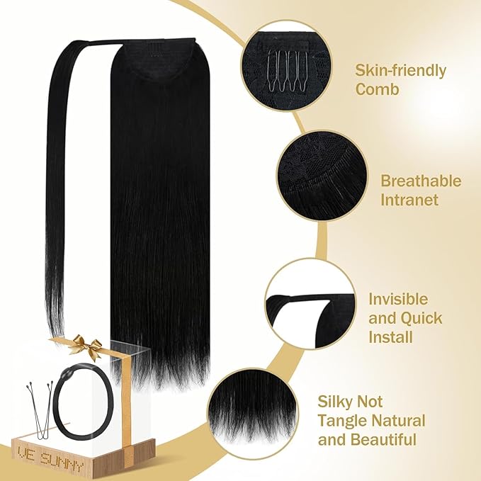 Ve Sunny Hair Extensions Ponytail Real Human Hair Wrap Around Clip in Ponytail Hair Extensions Straight Extensions Human Hair for Women Jet Black 22inch 80G