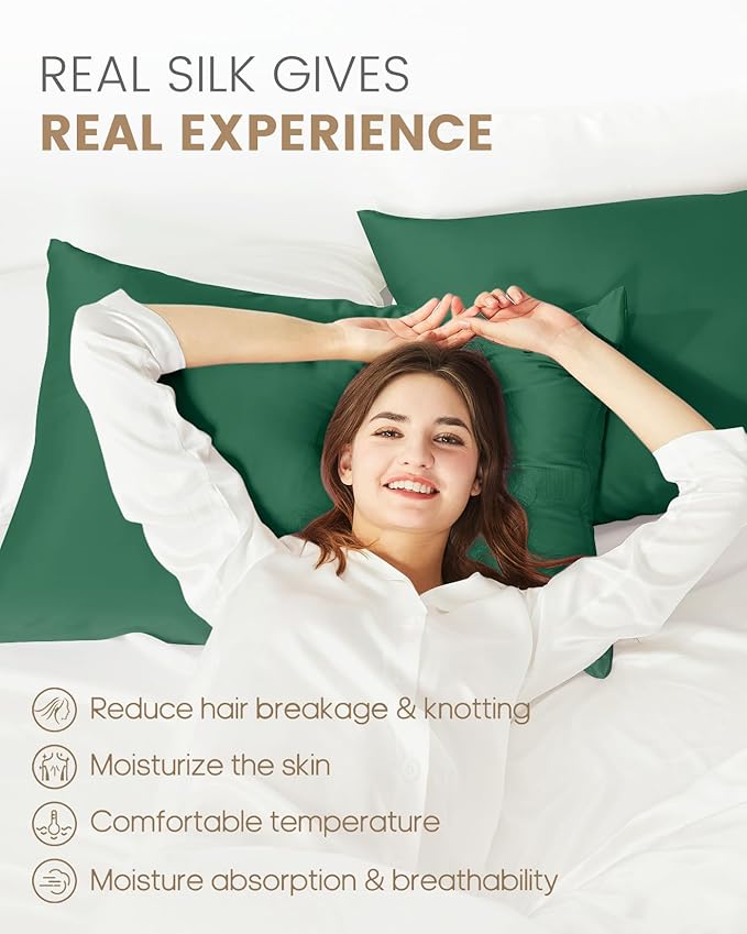 THXSILK Set of 2 100% Pure Mulberry Silk Pillowcase for Hair and Skin, 6A+ Grade Mulberry Silk Pillow Case Queen Size 20"x30", Real Silk Pillowcase with Zipper (Emerald Green)