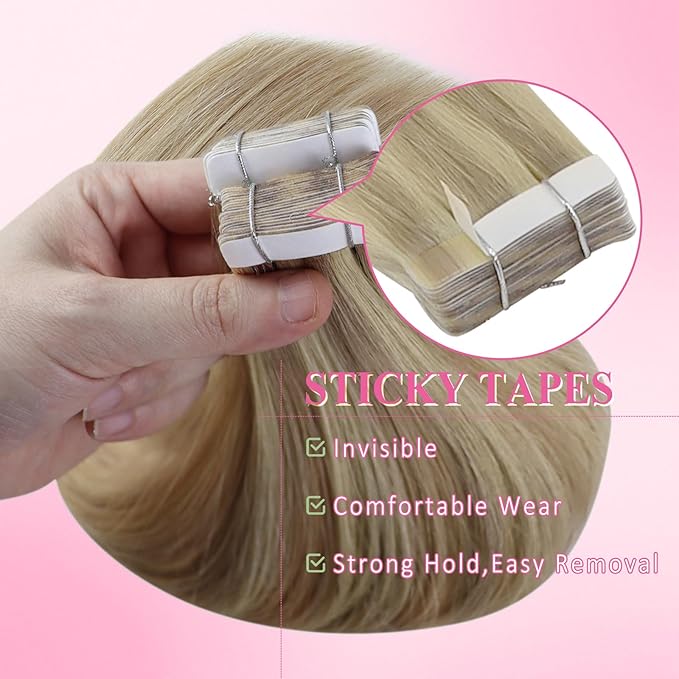 YoungSee Invisible Tape in Hair Extensions Blonde Highlight Hair Extension Tape ins Golden Blonde Highlight Real Hair Tapes on Hair Extensions Human Hair SIlky Straight 18 Inch 20pcs 50g