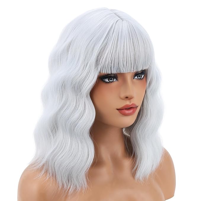 BERON 14 Inches Silver White Wig with Bangs for Women Short Curly Synthetic Wig Hairnet Included