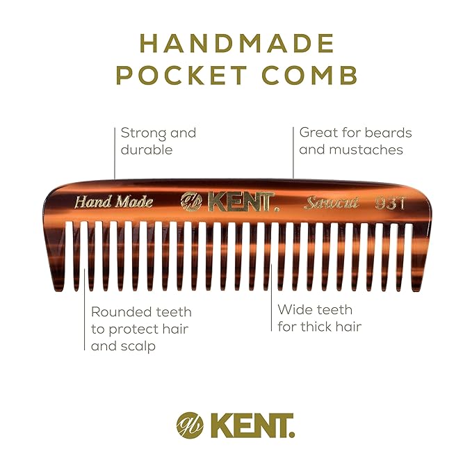 Kent 93T Tortoiseshell Wide Tooth Small Comb for Men's Mustache and Beard Grooming, Pocket Sized Detangler Travel Comb, Saw-Cut and Polished, Handmade in England