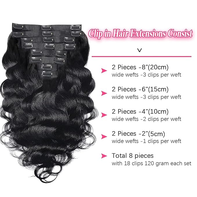 Seamless Clip In Hair Extensions Real Human Hair PU Weft Body Wave Clip In Hair Extensions Human Hair 8pcs with 18Clips Per Set 120g(18inch,Natural Black)