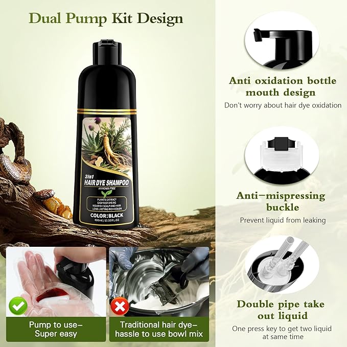 Black Hair Dye Shampoo, Ammonia Free Natural Herbal Ingredients Black Hair Dye for Women Men Gray Hair Coverage, Semi-Permanent Hair Color Shampoo