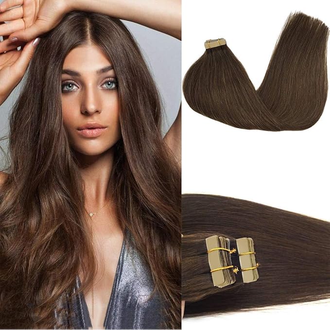 GOO GOO Tape in Hair Extensions Human Hair, 4A Chocolate Brown, 18inch 50g 20pcs, Skin Weft Seamless Invisible, Silky Straight with Thick Ends, Remy Human Hair