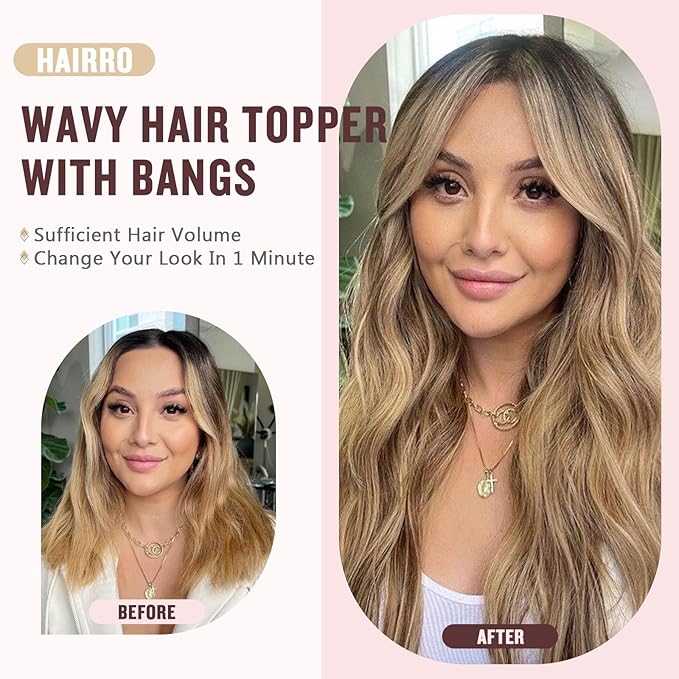 Hairro 18 Inch Long Hair Toppers Wavy with Side Bangs for Women, Clips In Synthetic Hairpieces Capless, for Adding Volume/Birthday/Party/Halloween/Cosplay Dress Up, Light Brown Mix Blonde