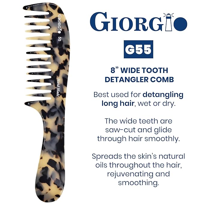 Giorgio G55 Wide Tooth Detangling Comb for Wet Hair, Handmade Large Tooth Rake Comb for Women with Thin to Medium Thickness Hair (8")