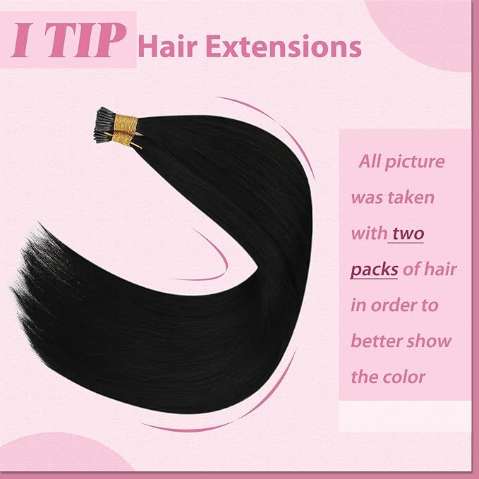 YoungSee I Tips Hair Extensions Human Hair Black Itip Hair Extensions Real Human Hair Jet Black 14 Inch 50g I Tip Hair Extension for Short Hair Easy to Wear 80s Remy Human Hair