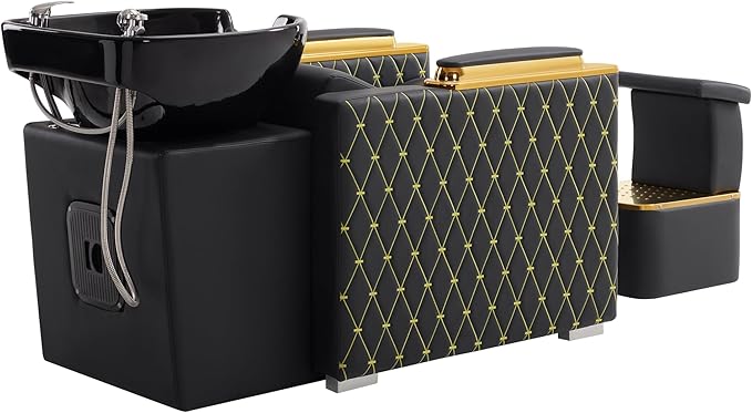 BarberPub Backwash Shampoo Station Chair with Porcelain Ceramic Hair Wash Bowl, Vacuum Breaker, Professional Black&Gold Shampoo Chair and Bowl Unit for Salon and Spa 8613 (Black&Gold)