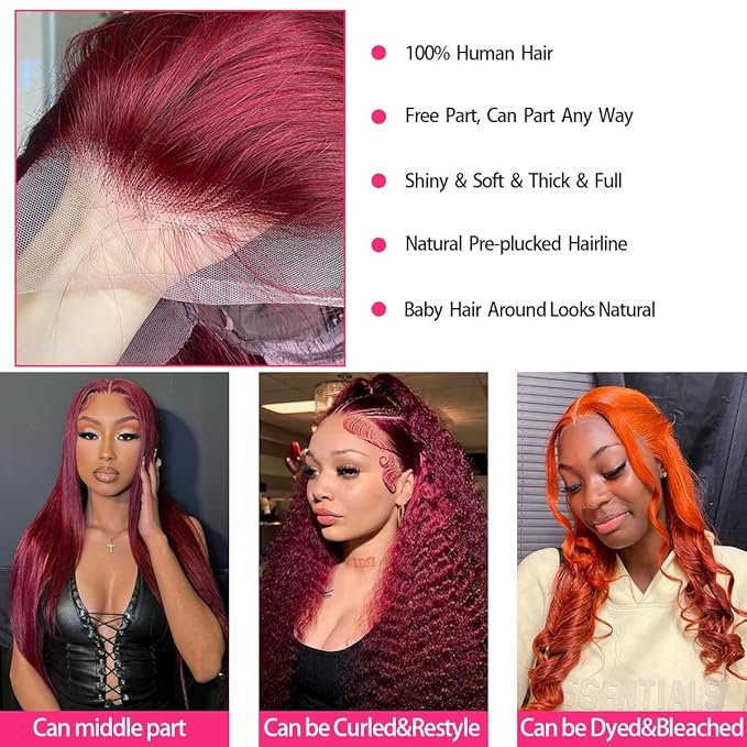 13x6 Straight Burgundy HD Lace Front Wigs Human Hair Red Lace Frontal Wigs Human Hair Pre Plucked Straight Glueless Wigs Human Hair Pre Plucked 200 Density 26 Inch