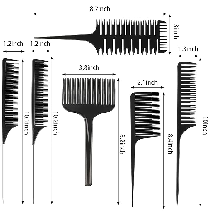 Patelai 6 Pcs Highlighting Hair Combs Set, 3-way Hair Sectioning, Dyeing, Rat Tail Lifting Comb for Weaving Foiling Sectioning Coloring, Black