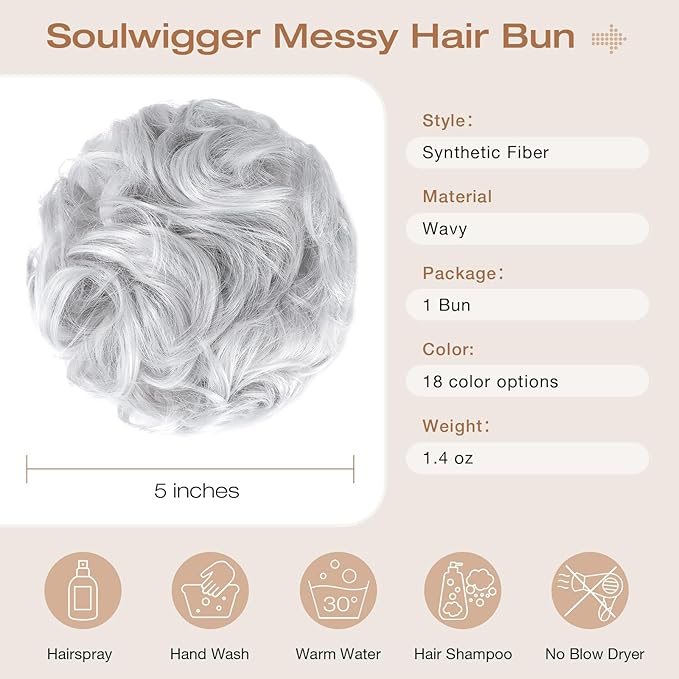 Messy Bun Hair Piece Wavy Curly Scrunchies Fluffy Donut Thick Updo Elegant Chignon Hairpieces for Women Girls, Silver Grey 1.4oz