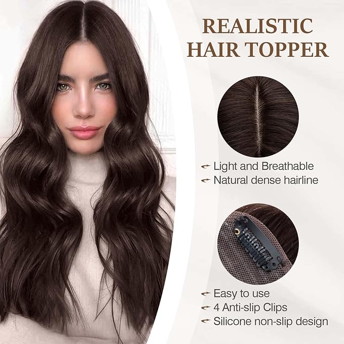 Rich Choices Hair Toppers for Women Real Human Hair 100% Human Remy Toppers NO Bangs for Women with Thinning on Top Clip in Hairpiece 4"x4.7"Lace Base 14 Inch #2 Dark Brown