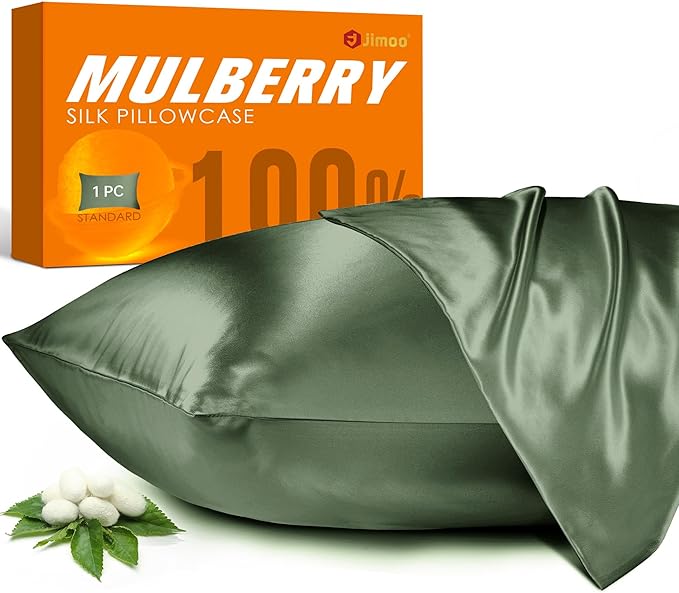 100% Mulberry Silk Pillowcase for Hair and Skin, 22 Momme Pure Natural Silk Pillow Case Both Sided with Zipper, Pillow Cover for Women Mom Men (Matcha, Queen 20''×30'', 1 Pack)