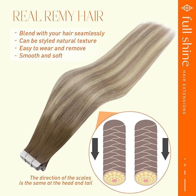 Full Shine Tape in Hair Extensions Human Hair 16Inch Seamless Tape in Extensions Color 8 Light Brown Ombre 60 Platinum Blonde and 18 Ash Blonde Remy Hair Extensions Tape ins 20Pcs 50G for Bridal