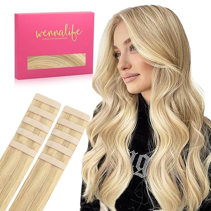 WENNALIFE Tape in Hair Extensions Human Hair Light Blonde Highlighted Golden Blonde Tape in Extensions, 10pcs 25g 16 inch Remy Invisible Tape Ins Straight Soft Real Human Hair Tape in Extensions