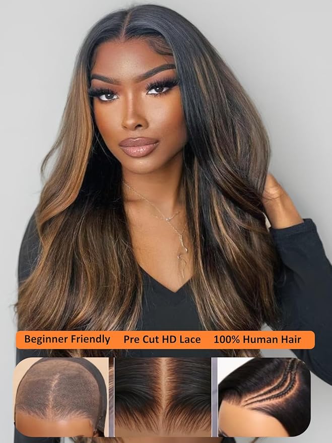 Julia Hair Bye Bye Knots Glueless Wig Highlight Balayage Brown Body Wave 7x5 Pre Cut HD Lace Front Wigs Human Hair Pre Plucked Bleached Knots Pre Everything Ready To Go Ombre Wig 20 Inch