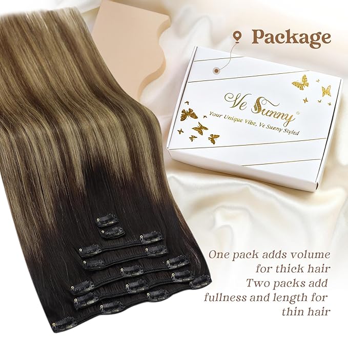 Ve Sunny Clip in Hair Extensions Black Ombre Hair Extensions Clip ins Black Balayage Brown with Caramel Blonde Human Hair Clip in Extensions for Women 14Inch 100g