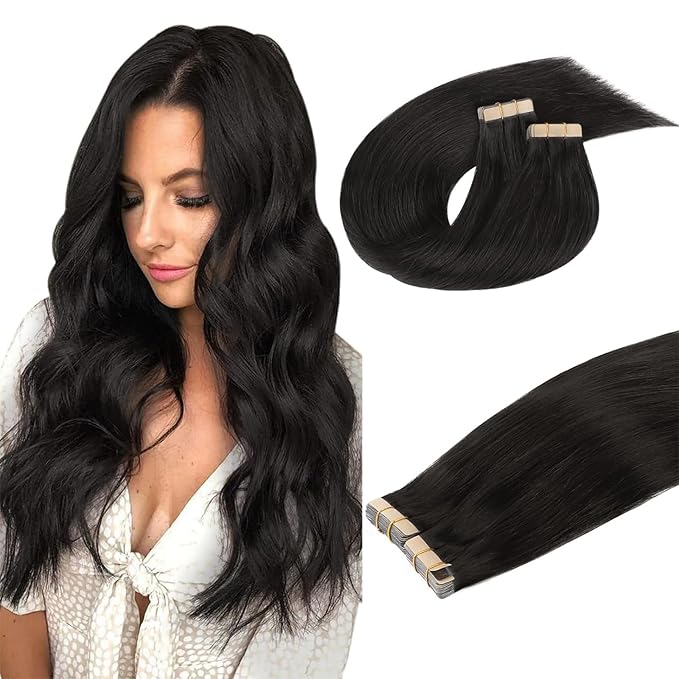 DOORES Tape in Human Hair Extensions, Natural Black 16 Inch 40pcs 100g, Real Hair Extensions Tape in Real Hair Glue in Extensions Skin Weft Silky Straight Hair for Women