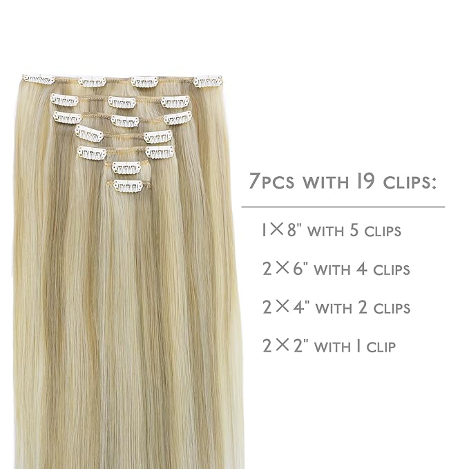 WENNALIFE Clip in Hair Extensions, 14 Inch 120g 7pcs Ash Blonde Highlighted Platinum Blonde Hair Extensions Clip in Human Hair Remy Clip in Hair Extensions Real Human Hair Double Weft