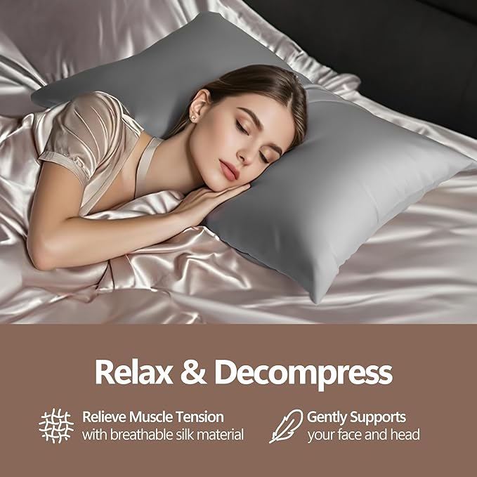 Set of 2 100% Silk Pillow Cases Queen - 6A Luxury Mulberry Silk Pillowcase for Hair and Skin - Anti-Wrinkle, Cooling & Smooth, Hidden Zipper - Pillowcases for Sleeping Women Girl, Boy, Gray