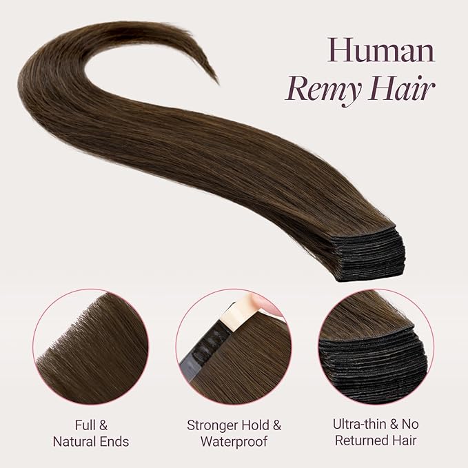 GOO GOO Genius Tape in Hair Extensions, Hand Tied Tape Weft, 4A Chocolate Brown, 20inch 50g 20pcs, Remy Human Hair, Seamless Invisible Tape, Natural Blend, Lightweight