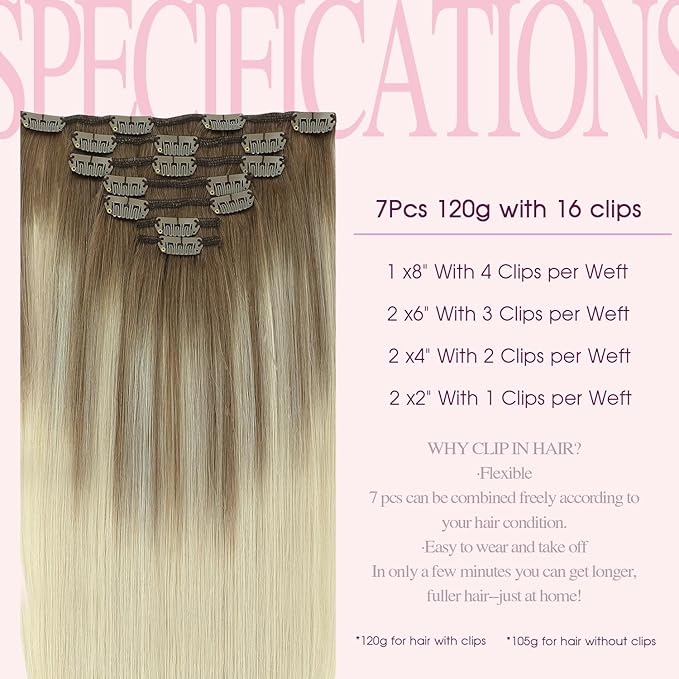 PINKPEARL Human Hair Clip in Hair Extensions 16inch #8T60 Ash Brown to Platinum Blonde Balayage Clip in Hair Extensions Real Human Hair 7pcs 120g Natural Remy Human Hair(#8T60-16)