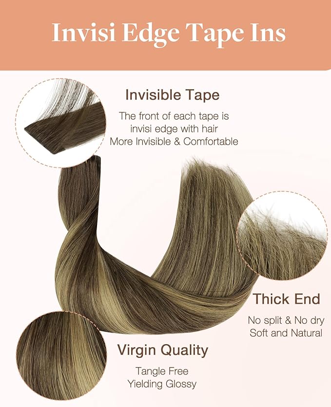 GOO GOO Invisi Edge Tape in Hair Extensions Human Hair, 4/27/4 Balayage Chocolate Brown to Caramel Blonde 20pcs injected with 20pcs classical tape ins, 10inch 60g, Virgin Remy Hair, Natural Look