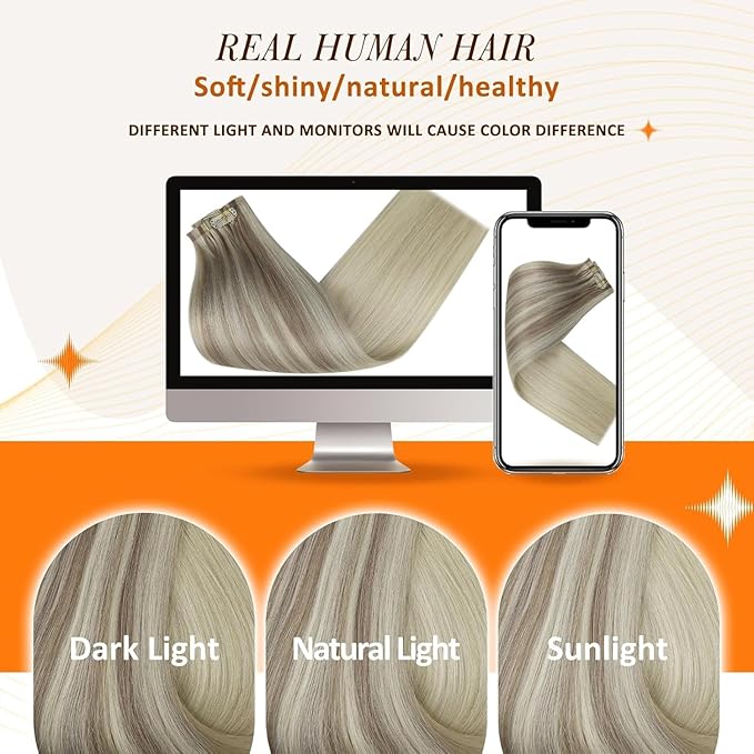 Full Shine Balayage Seamless Clip in Hair Extensions Ash Blonde Balayage Light Blonde Mix Platinum Blonde Hair Extensions for Thin Hair Washability 12 Inch 8 PCS 95 G