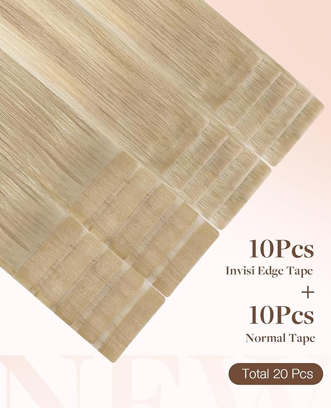 GOO GOO Invisi Edge Tape in Hair Extensions Human Hair, 18ET90A Natural Blonde Balayage 10pcs injected with 10pcs classical tape ins, 10inch 30g, Virgin Remy Hair, Natural Look