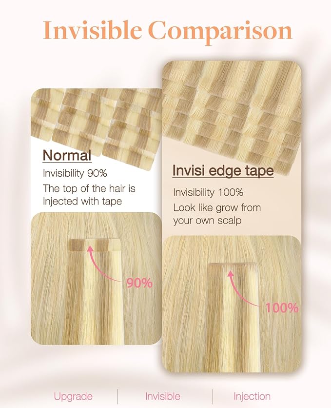 GOO GOO Invisi Edge Tape in Hair Extensions Human Hair, 18D/22F Dirty Blonde Highlights 20pcs injected with 20pcs classical tape ins, 14inch 100g, Virgin Remy Hair, Natural Look