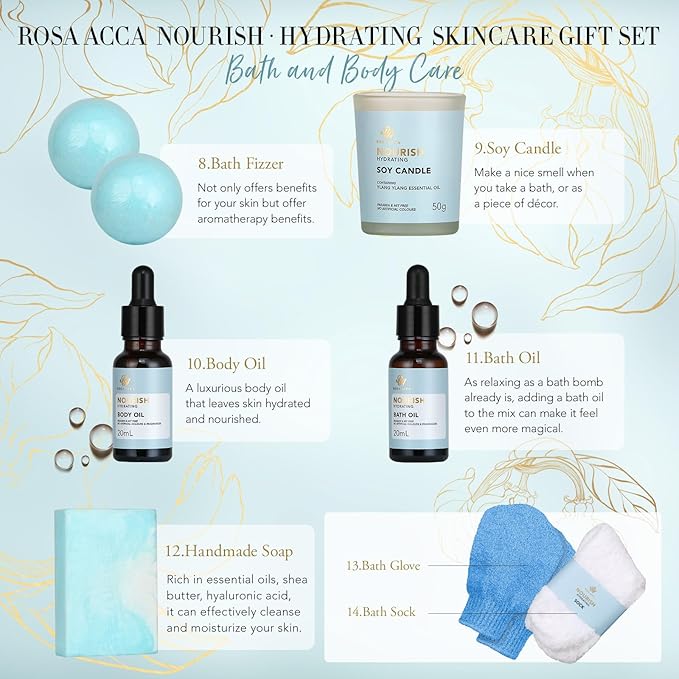 Spa Gift Set, 28pcs Ylang Facial Skin Care Set includes Face Cream, Bath Oil, Serum, Shower Accessories, Clay Mask. Bath & Body Set, Body & Facial Kit for Women & Men, Birthday, Christmas, Dad, Mom