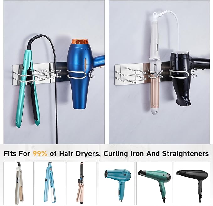Blow Dryer Holder Wall Mounted Curling Iron Holder, 3 in 1 Hair Tool Organizer for Straightener, Curling Iron, Hair Dryer Holder Adhesive Flat Irons Storage for Bathroom Barber Shop (Silver)