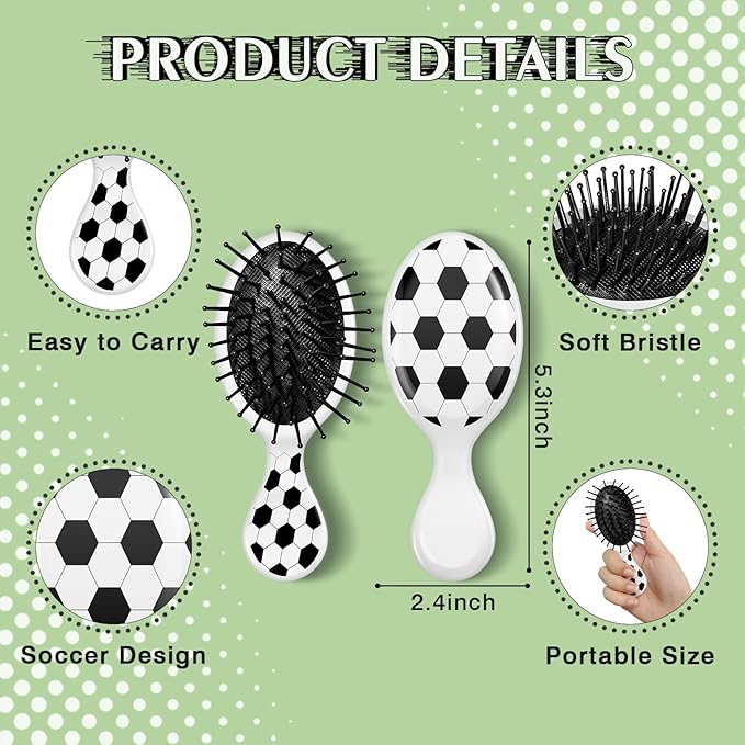 12 Pcs Soccer Mini Detangler Brush, Mini Travel Hair Brush, Bristles Plastic Detangling Brush, No Tangle Soft Flexible Bristles for Straight, Curly, Thick Hair for Soccer Team Gift Sport Party
