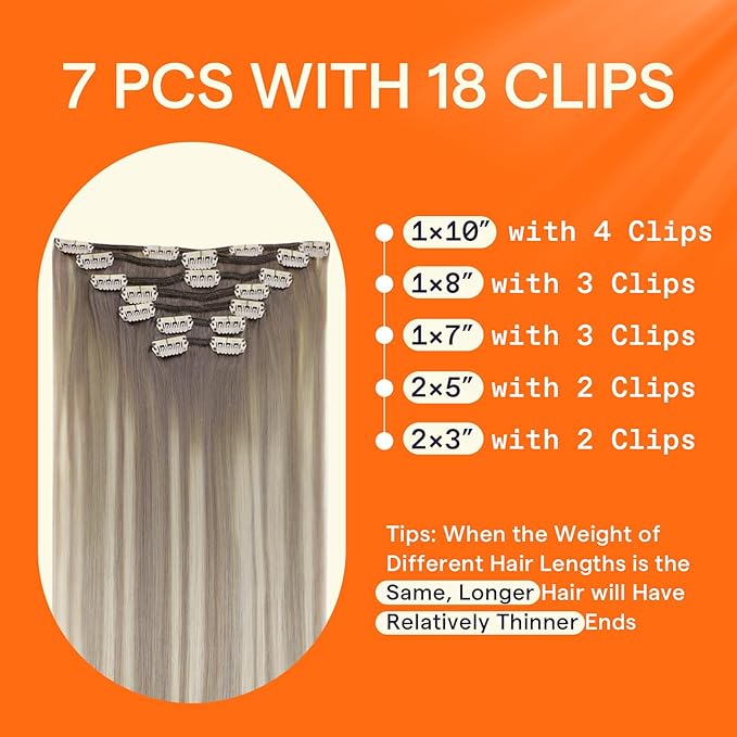 Full Shine Hair Clip in Ombre Grey Human Hair Extensions Full Head Color 19A Fading to 60 Platinum Blonde Highlighted Double Weft Clip ins for Women 18 Inch 7 Pcs 120 G