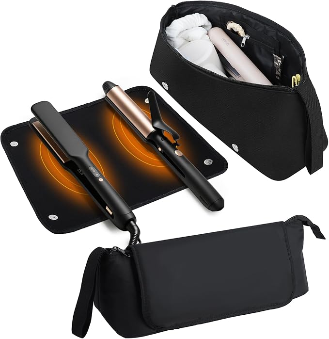 Hot Hair Tools Travel Bag with Removable Heat Resistant Mat 2 in 1 Portable Hair Tool Organizer Bags for Hair Straighteners Curling Irons Hot Air Brushes Hair Dryer Women Travel Essentials (Black)
