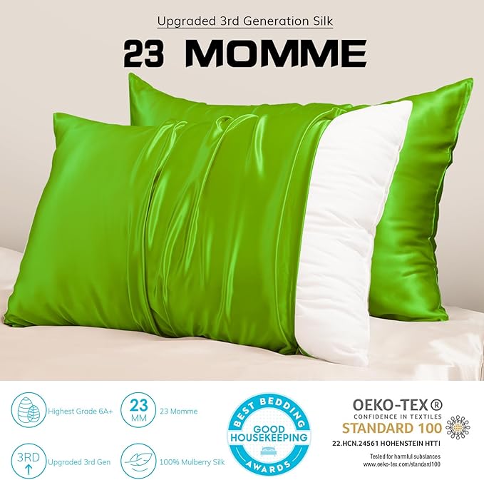 PROMEED 23 Momme Silk Pillowcase 2 Pack with Zipper, 3rd Gen Grade 6A+ 100% Mulberry Silk Pillow Case Set of 2,Silk Cooling Pillow Cases for Hot Sleepers (King 20"x36", Green)