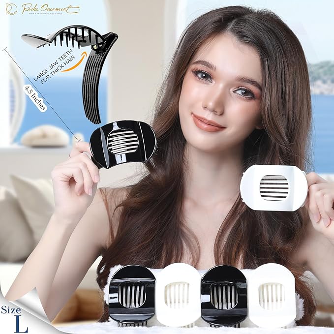 RC ROCHE 6 Pcs Flat Claw Hair Clips for Women Thick Hair French Round Duckbill Square Secure Strong Hold Grip Clamps Barrettes Curved No Slip No Crease Styling Cute Extra Jumbo XL, Large Black & White